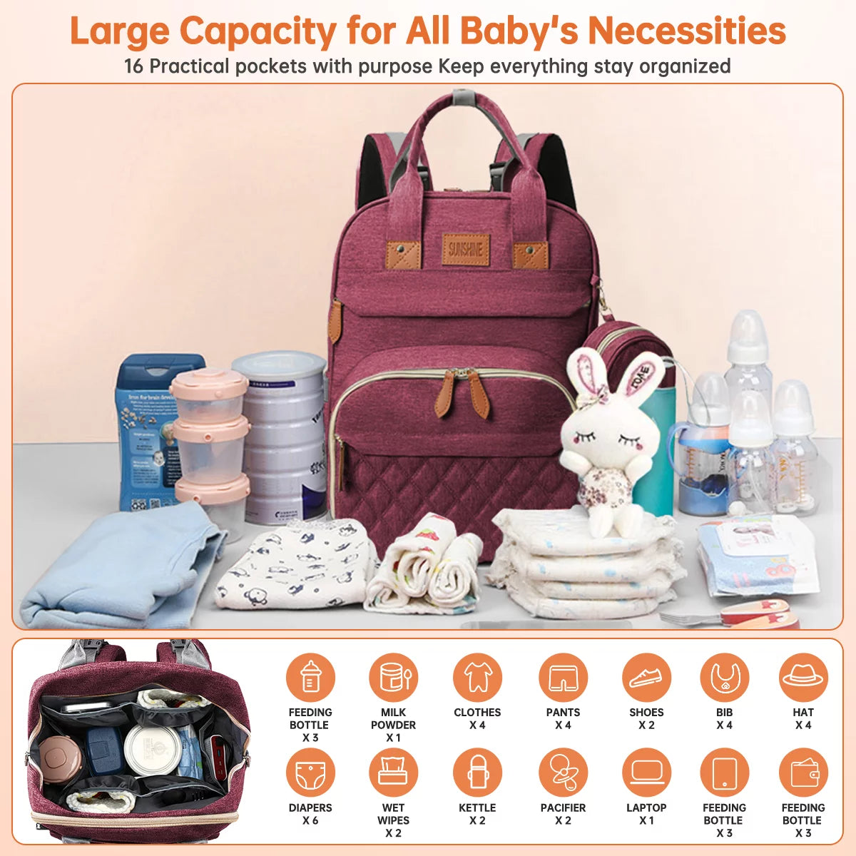Multifunctional Diaper Bag Backpack with Changing Station, USB Charging Port, and Foldable Crib - Large Capacity Travel Backpack with Sunshade, Pacifier Case, and Stroller Straps (Red)