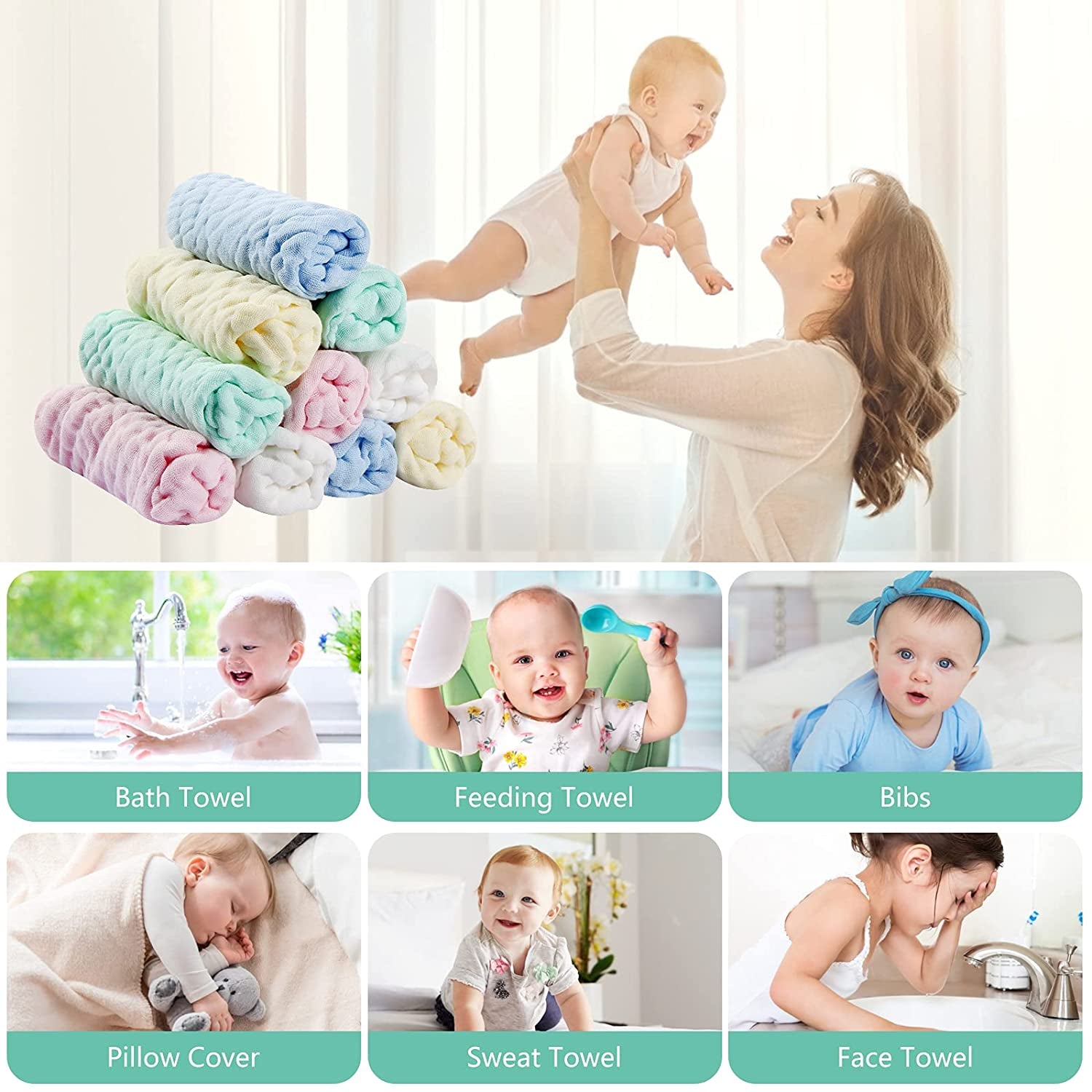 Premium Muslin Washcloths and Towels for Newborns - 10-Pack, 10x10 Inches - Ideal for Sensitive Skin and Baby Shower Gifts