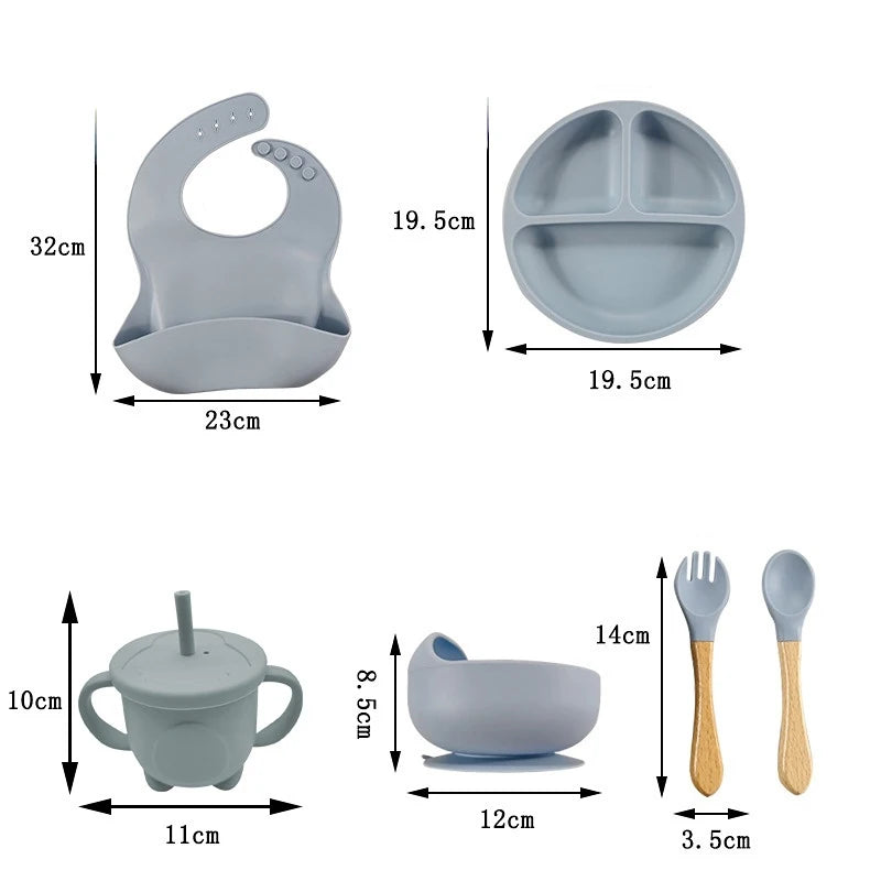 Children's Silicone Tableware Set - 6/8-Piece Baby Feeding Essentials with Suction Cups, Forks, Spoons, Bibs, Straws, and Cups