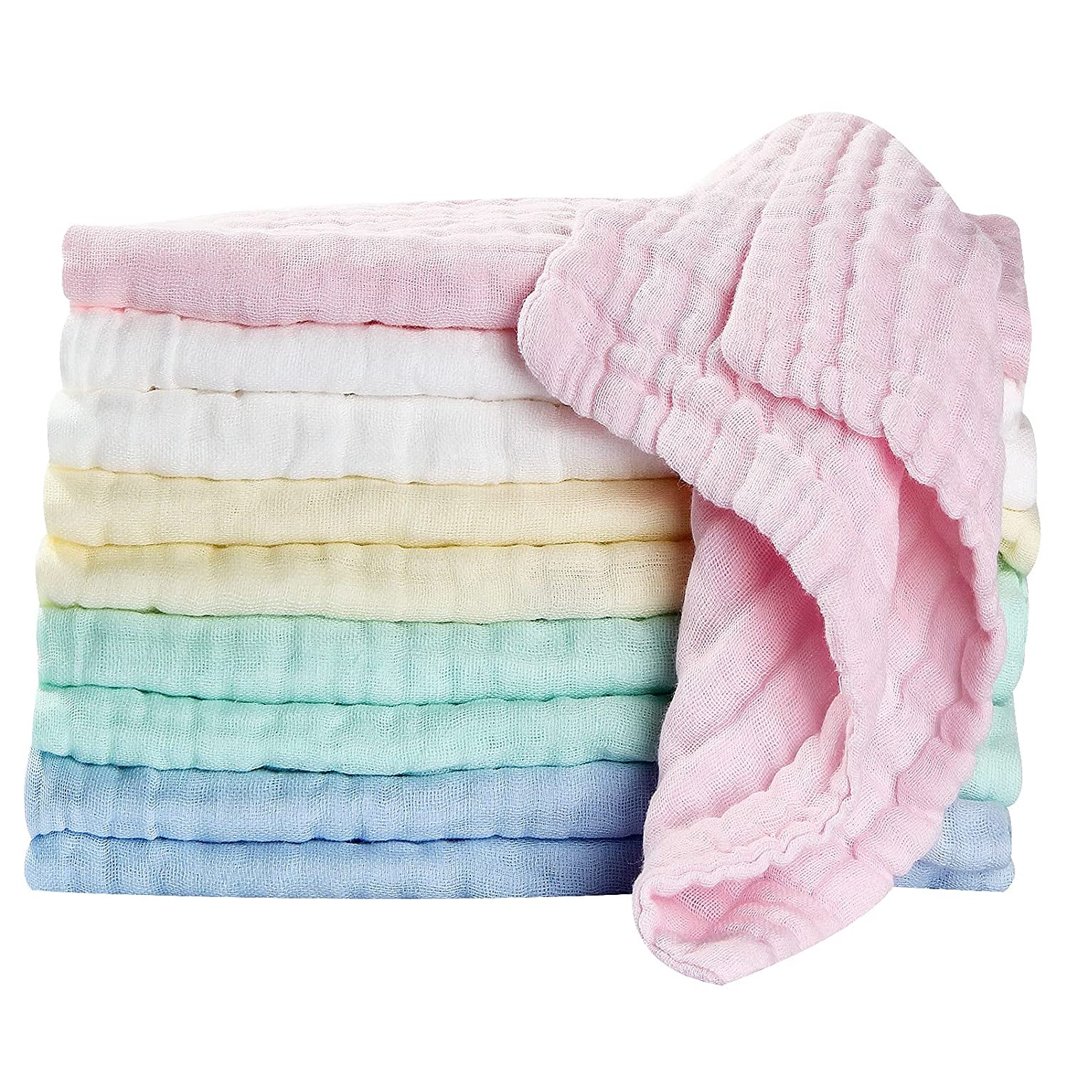 Premium Muslin Washcloths and Towels for Newborns - 10-Pack, 10x10 Inches - Ideal for Sensitive Skin and Baby Shower Gifts
