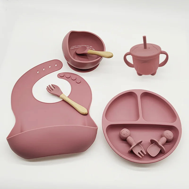 Children's Silicone Tableware Set - 6/8-Piece Baby Feeding Essentials with Suction Cups, Forks, Spoons, Bibs, Straws, and Cups