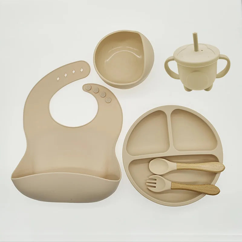 Children's Silicone Tableware Set - 6/8-Piece Baby Feeding Essentials with Suction Cups, Forks, Spoons, Bibs, Straws, and Cups