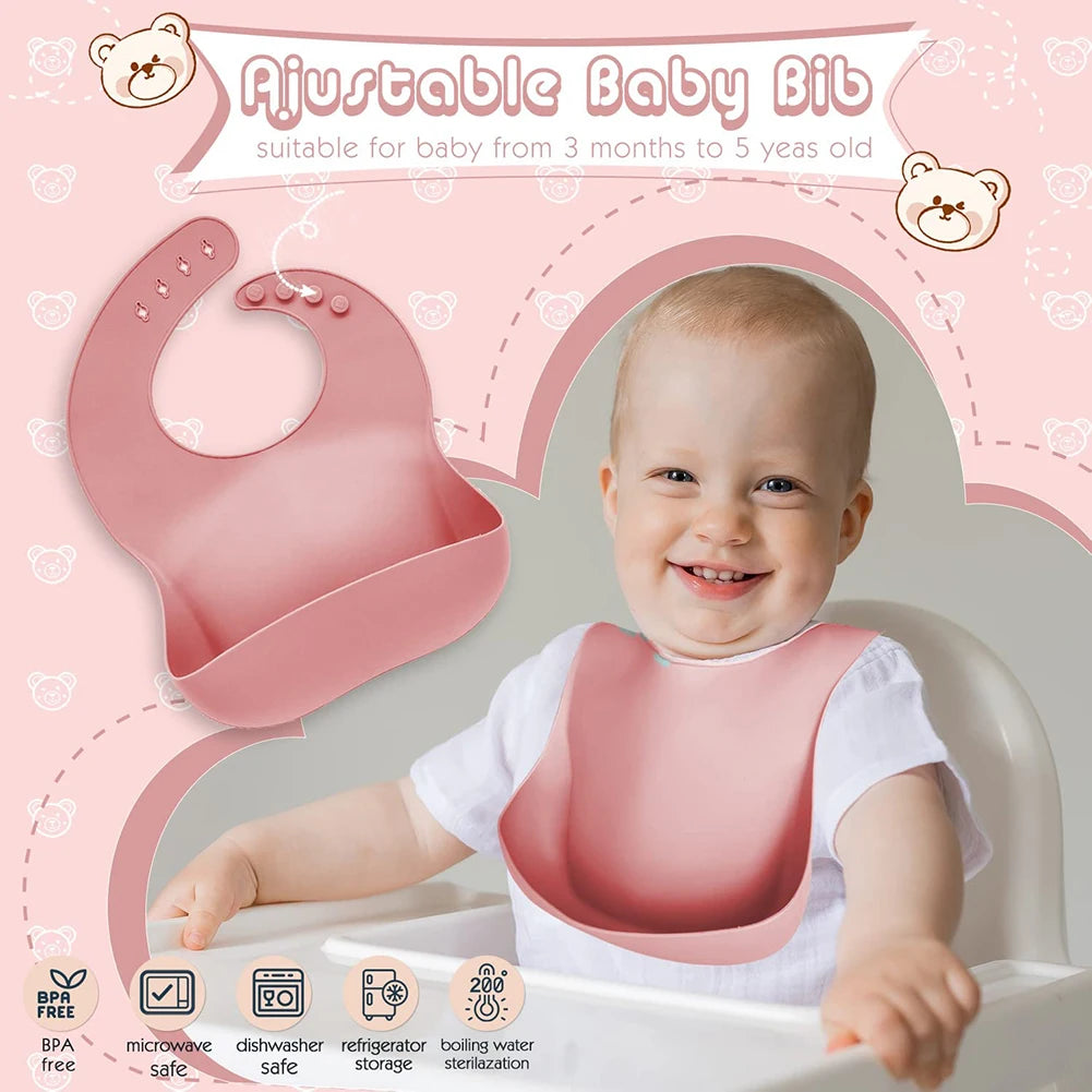 Children's Silicone Tableware Set - 6/8-Piece Baby Feeding Essentials with Suction Cups, Forks, Spoons, Bibs, Straws, and Cups