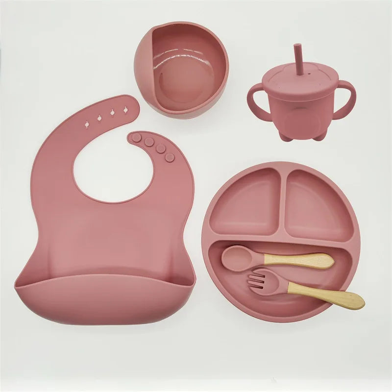 Children's Silicone Tableware Set - 6/8-Piece Baby Feeding Essentials with Suction Cups, Forks, Spoons, Bibs, Straws, and Cups