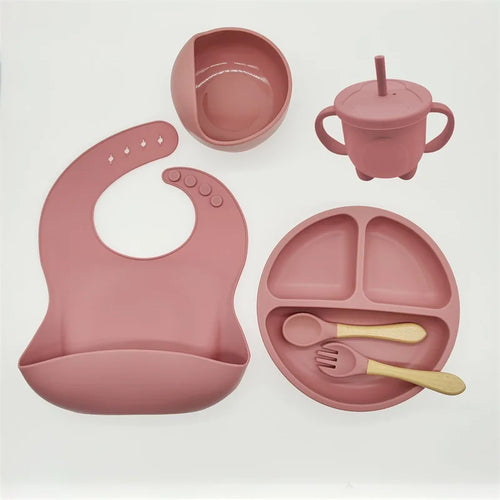 Children's Silicone Tableware Set - 6/8-Piece Baby Feeding Essentials with Suction Cups, Forks, Spoons, Bibs, Straws, and Cups