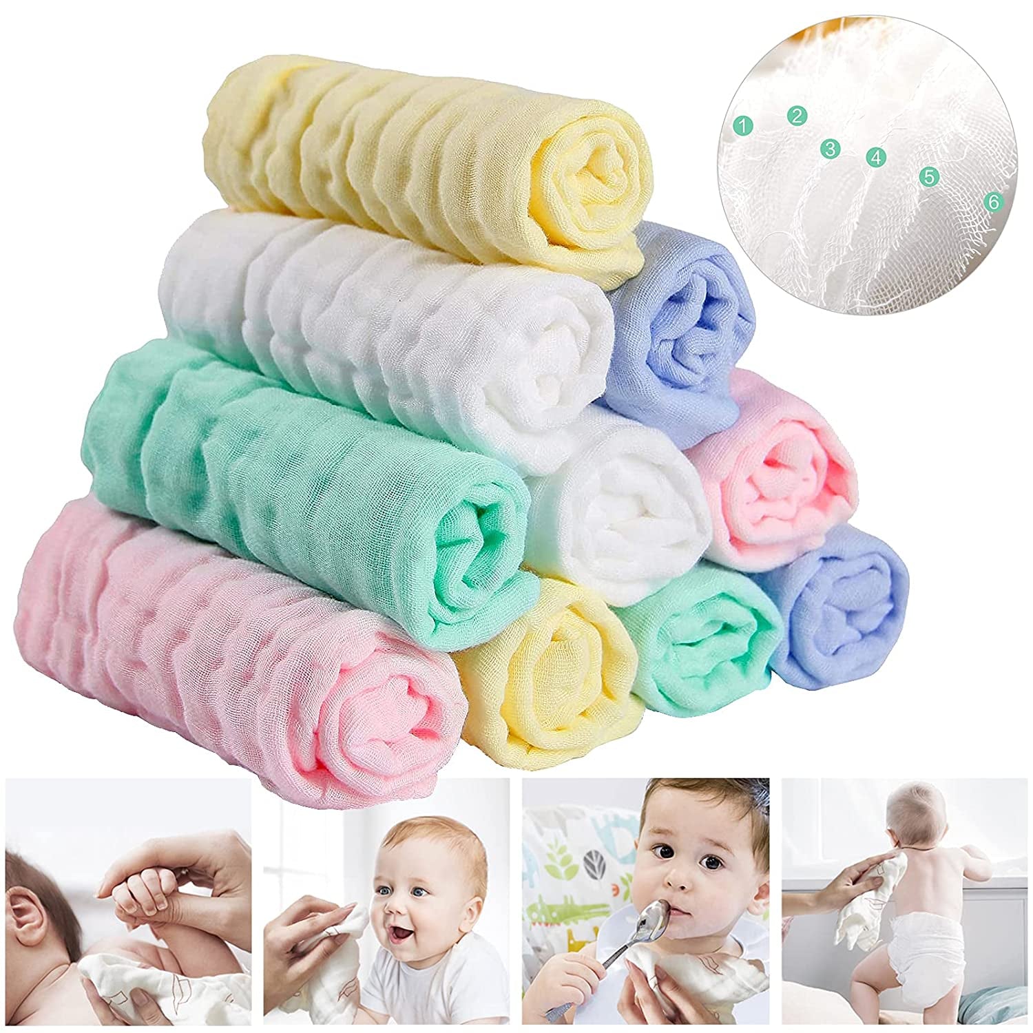 Premium Muslin Washcloths and Towels for Newborns - 10-Pack, 10x10 Inches - Ideal for Sensitive Skin and Baby Shower Gifts
