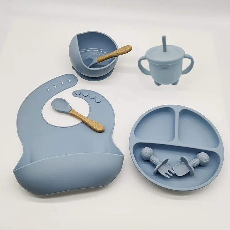 Children's Silicone Tableware Set - 6/8-Piece Baby Feeding Essentials with Suction Cups, Forks, Spoons, Bibs, Straws, and Cups
