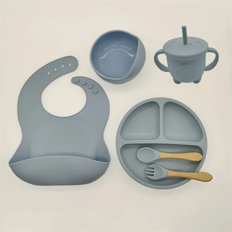 Children's Silicone Tableware Set - 6/8-Piece Baby Feeding Essentials with Suction Cups, Forks, Spoons, Bibs, Straws, and Cups