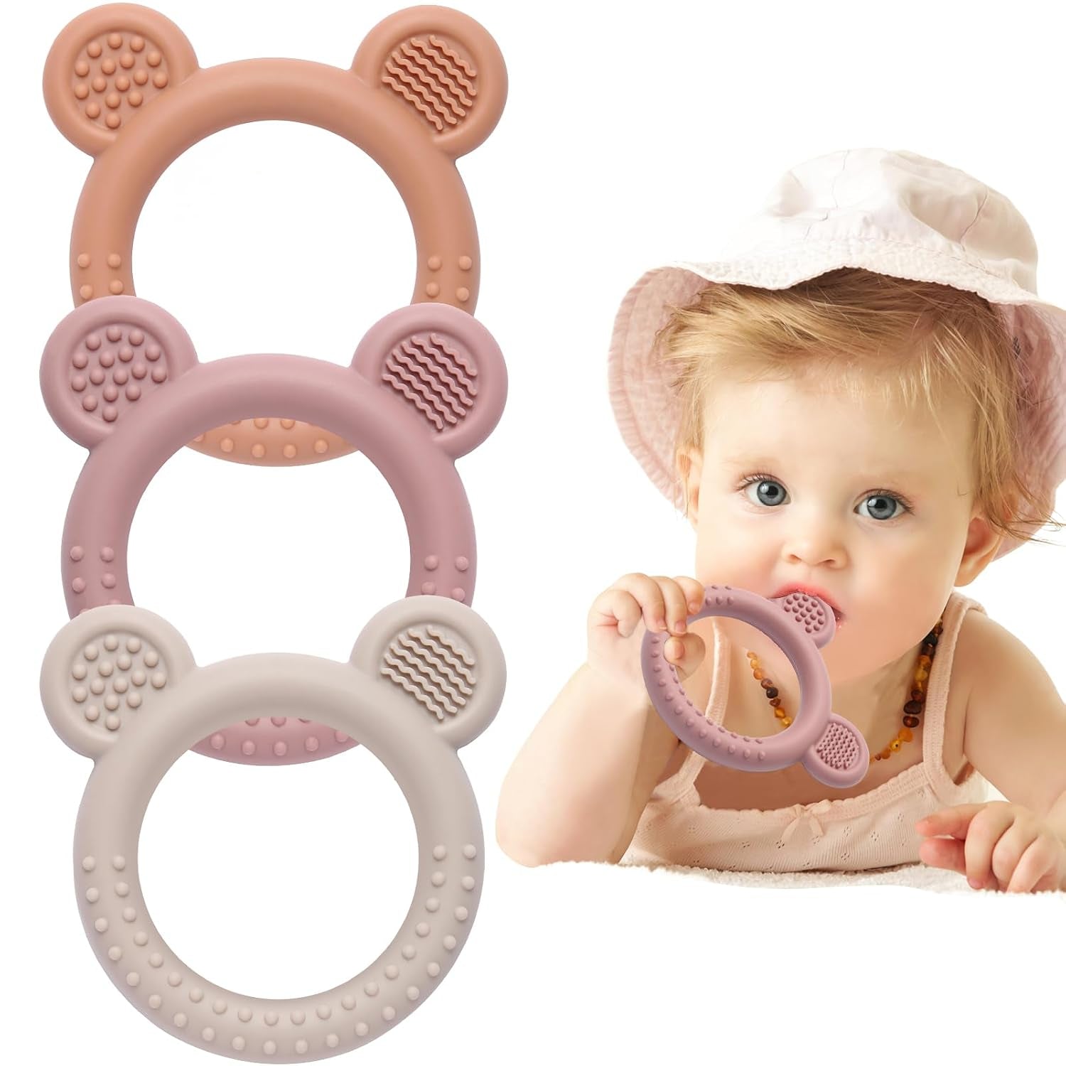 Bear Silicone Baby Teething Toys - 3 Pack, BPA Free, Suitable for Infants 3 Months and Older, Easy-Grasp Teething Rings for 3-12 Months, Effective Teething Relief