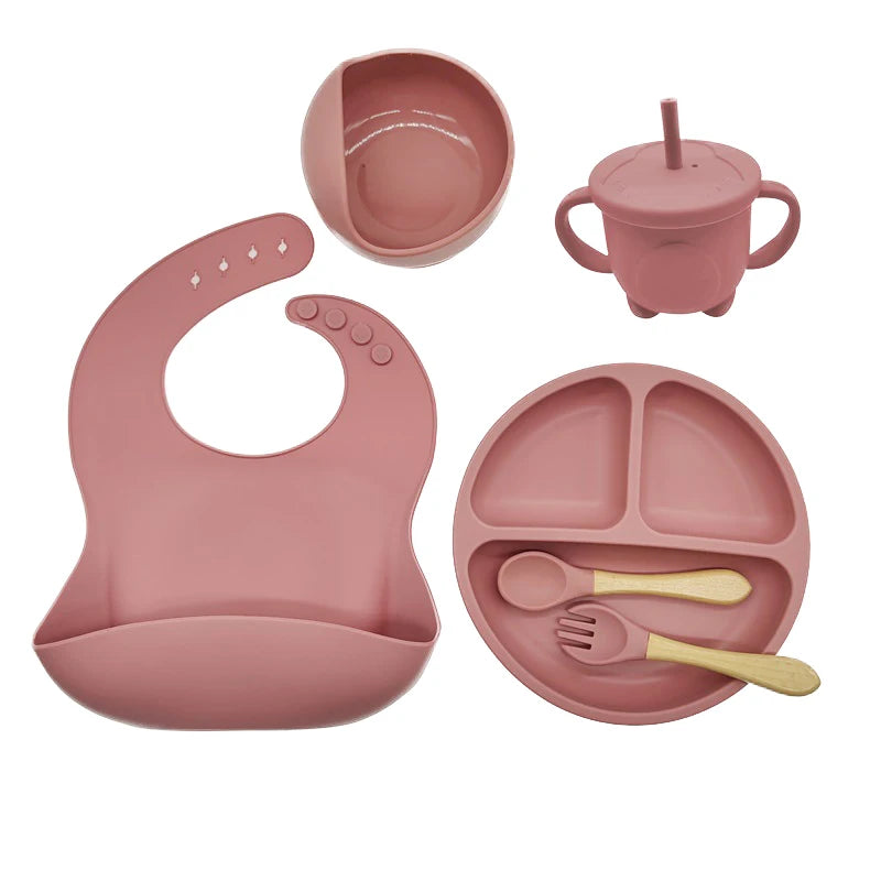 Children's Silicone Tableware Set - 6/8-Piece Baby Feeding Essentials with Suction Cups, Forks, Spoons, Bibs, Straws, and Cups