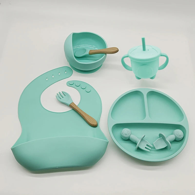 Children's Silicone Tableware Set - 6/8-Piece Baby Feeding Essentials with Suction Cups, Forks, Spoons, Bibs, Straws, and Cups