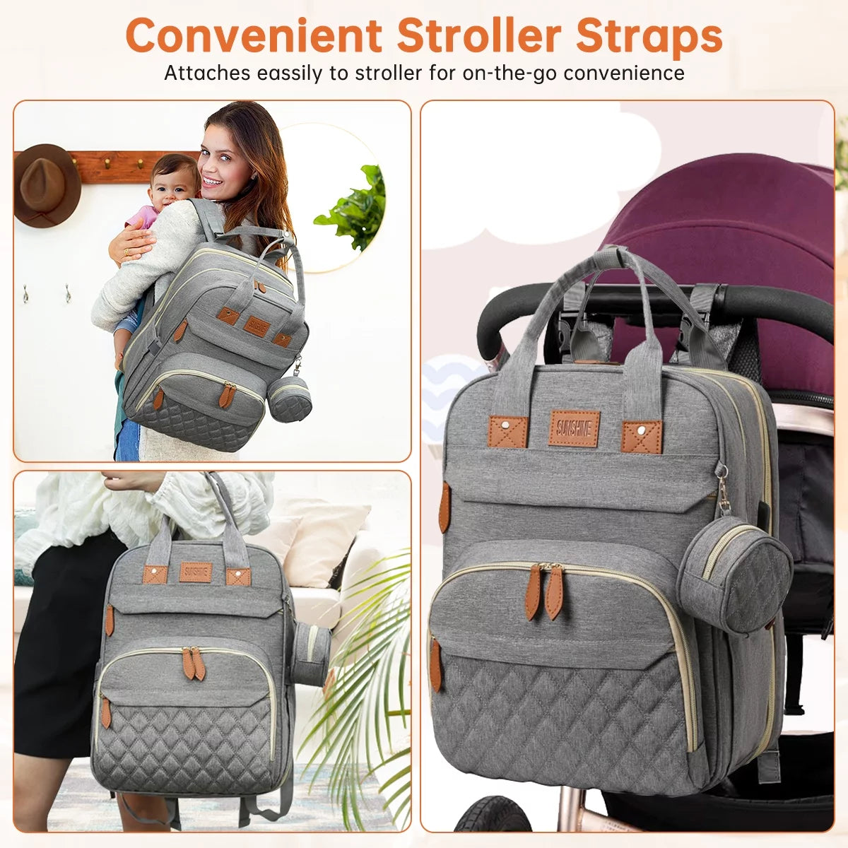 Multifunctional Diaper Bag Backpack with Changing Station, USB Charging Port, Foldable Crib, Large Capacity, Sunshade, Pacifier Case, and Stroller Straps (Grey)
