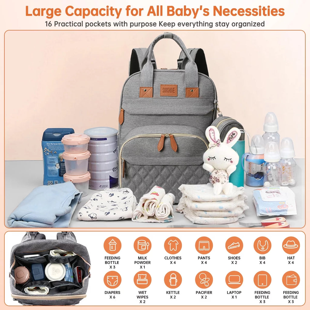 Multifunctional Diaper Bag Backpack with Changing Station, USB Charging Port, Foldable Crib, Large Capacity, Sunshade, Pacifier Case, and Stroller Straps (Grey)