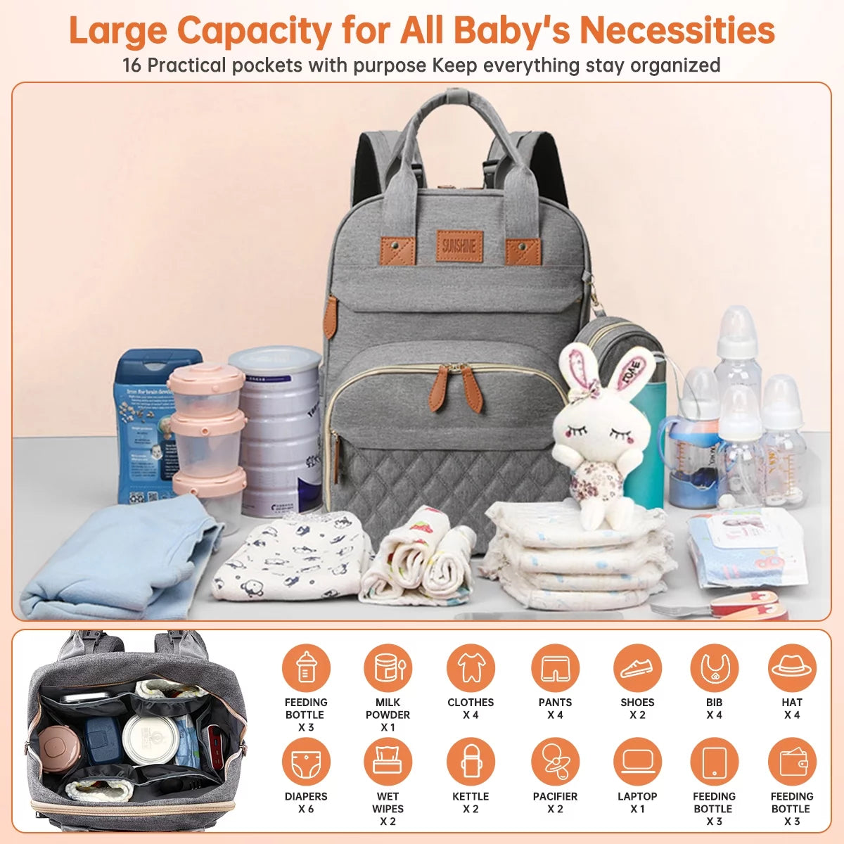 Multifunctional Diaper Bag Backpack with Changing Station, USB Charging Port, Foldable Crib, Large Capacity, Sunshade, Pacifier Case, and Stroller Straps (Grey)