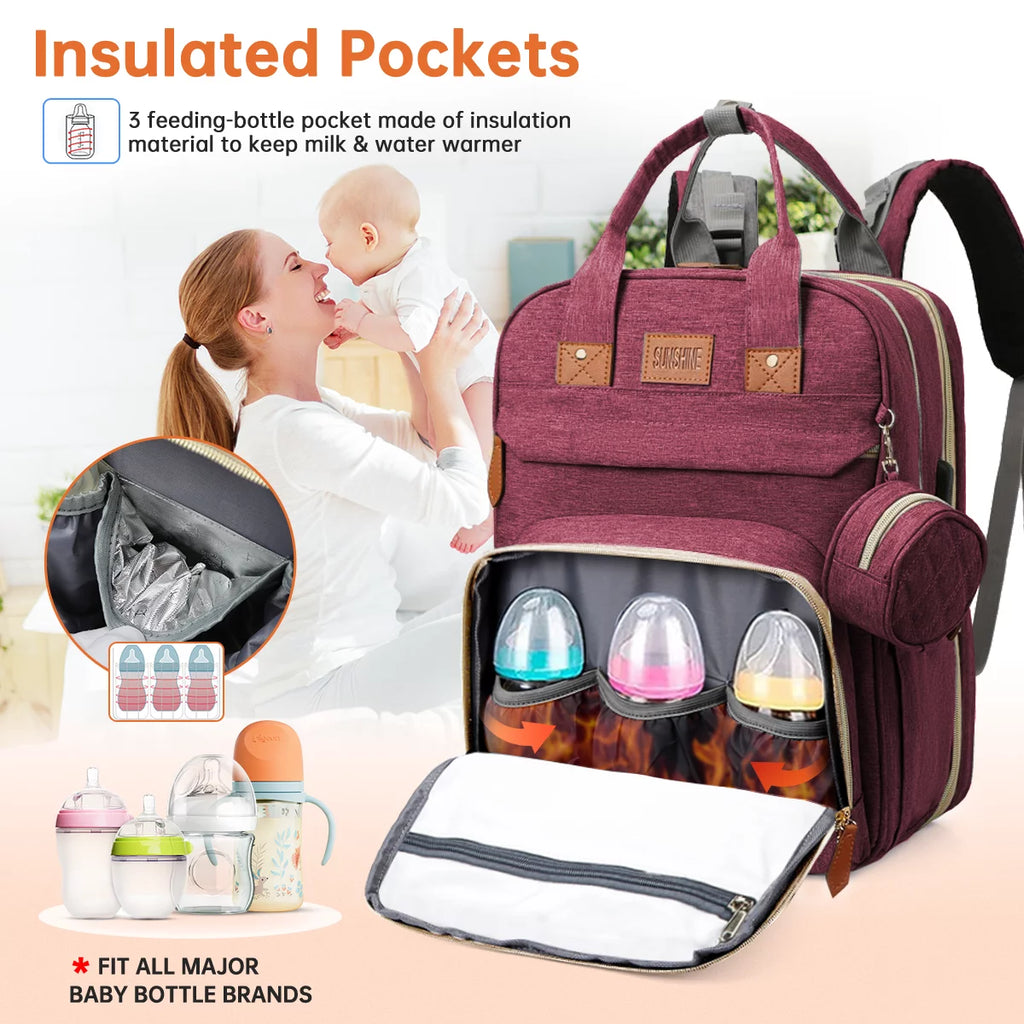 Multifunctional Diaper Bag Backpack with Changing Station, USB Charging Port, and Foldable Crib - Large Capacity Travel Backpack with Sunshade, Pacifier Case, and Stroller Straps (Red)