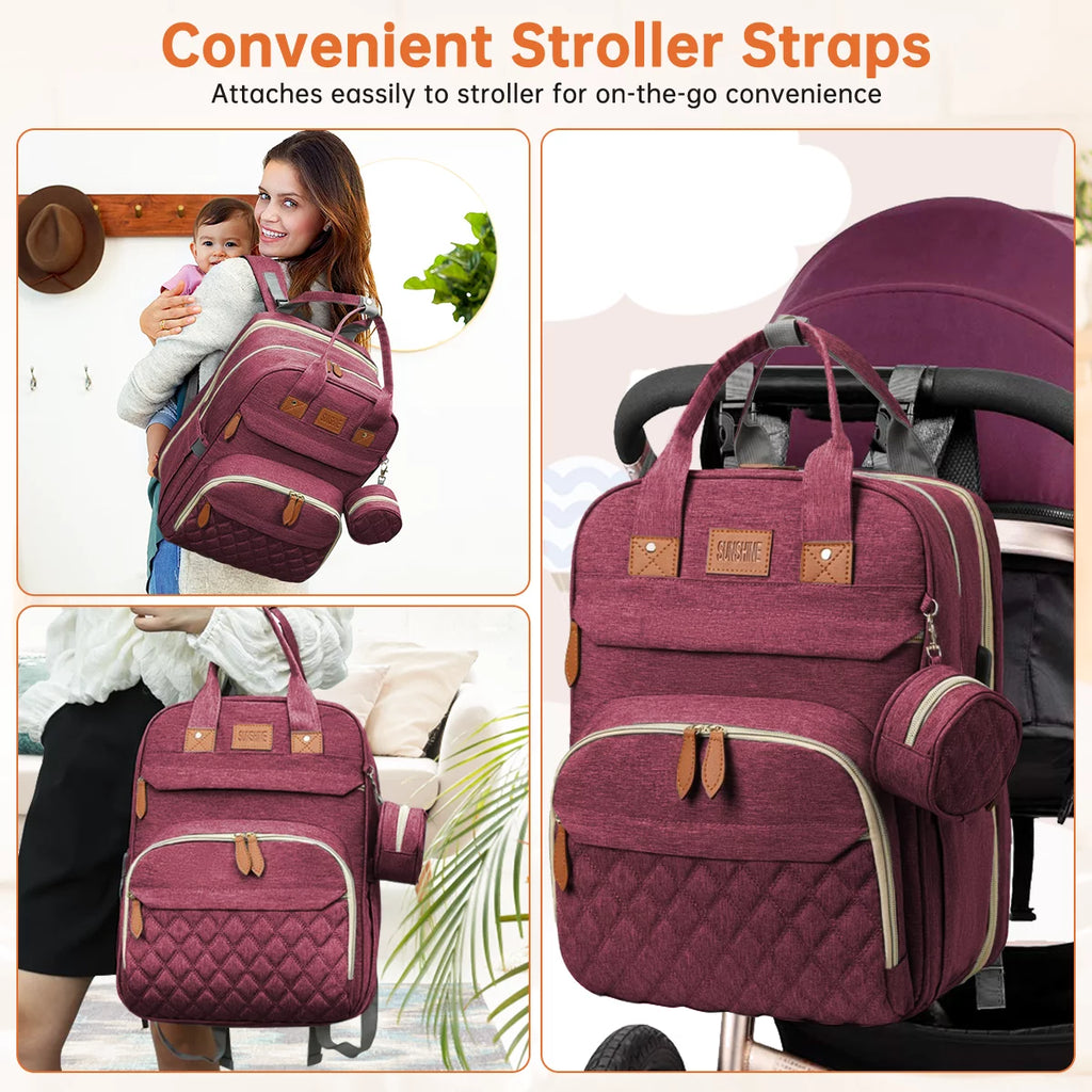 Multifunctional Diaper Bag Backpack with Changing Station, USB Charging Port, and Foldable Crib - Large Capacity Travel Backpack with Sunshade, Pacifier Case, and Stroller Straps (Red)