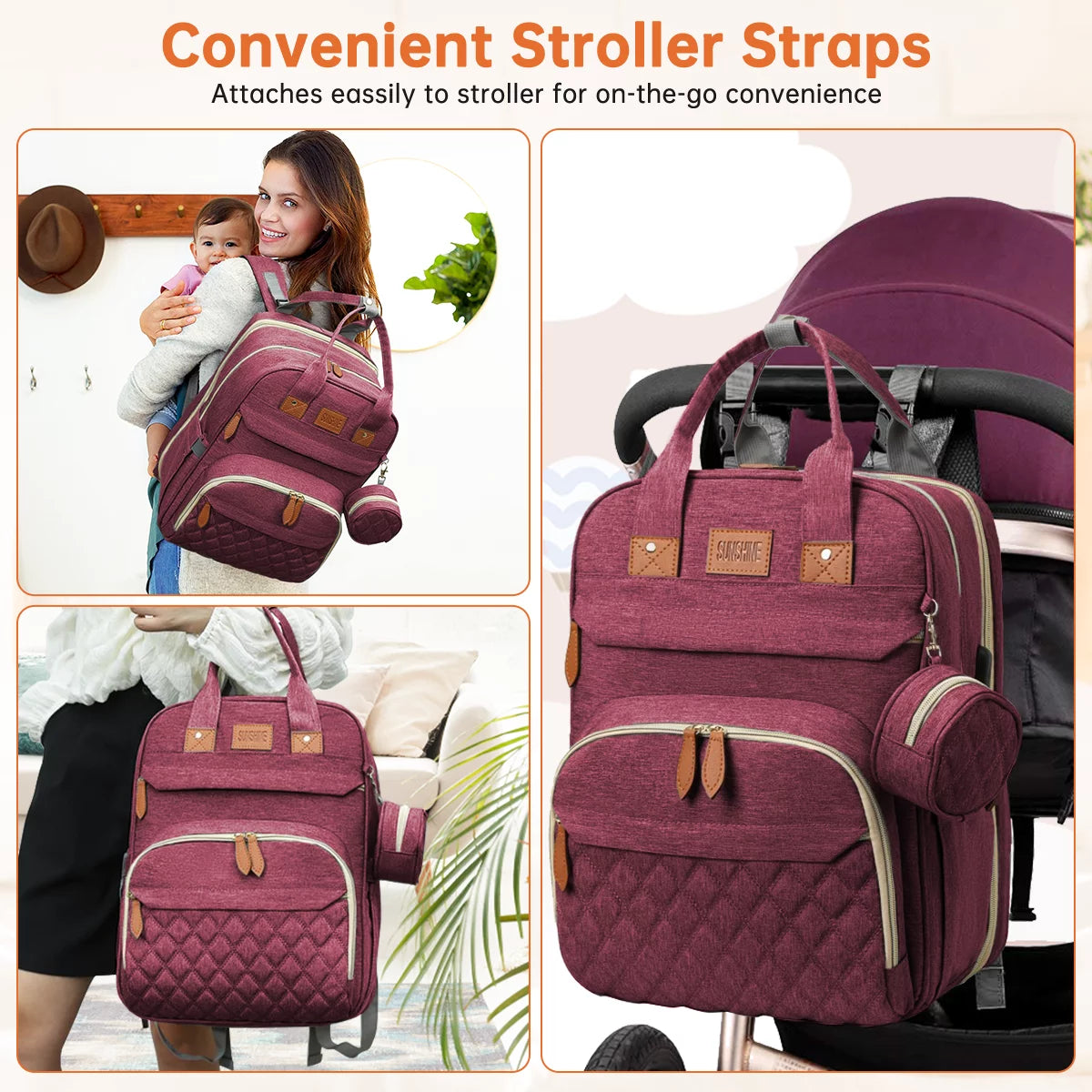 Multifunctional Diaper Bag Backpack with Changing Station, USB Charging Port, and Foldable Crib - Large Capacity Travel Backpack with Sunshade, Pacifier Case, and Stroller Straps (Red)