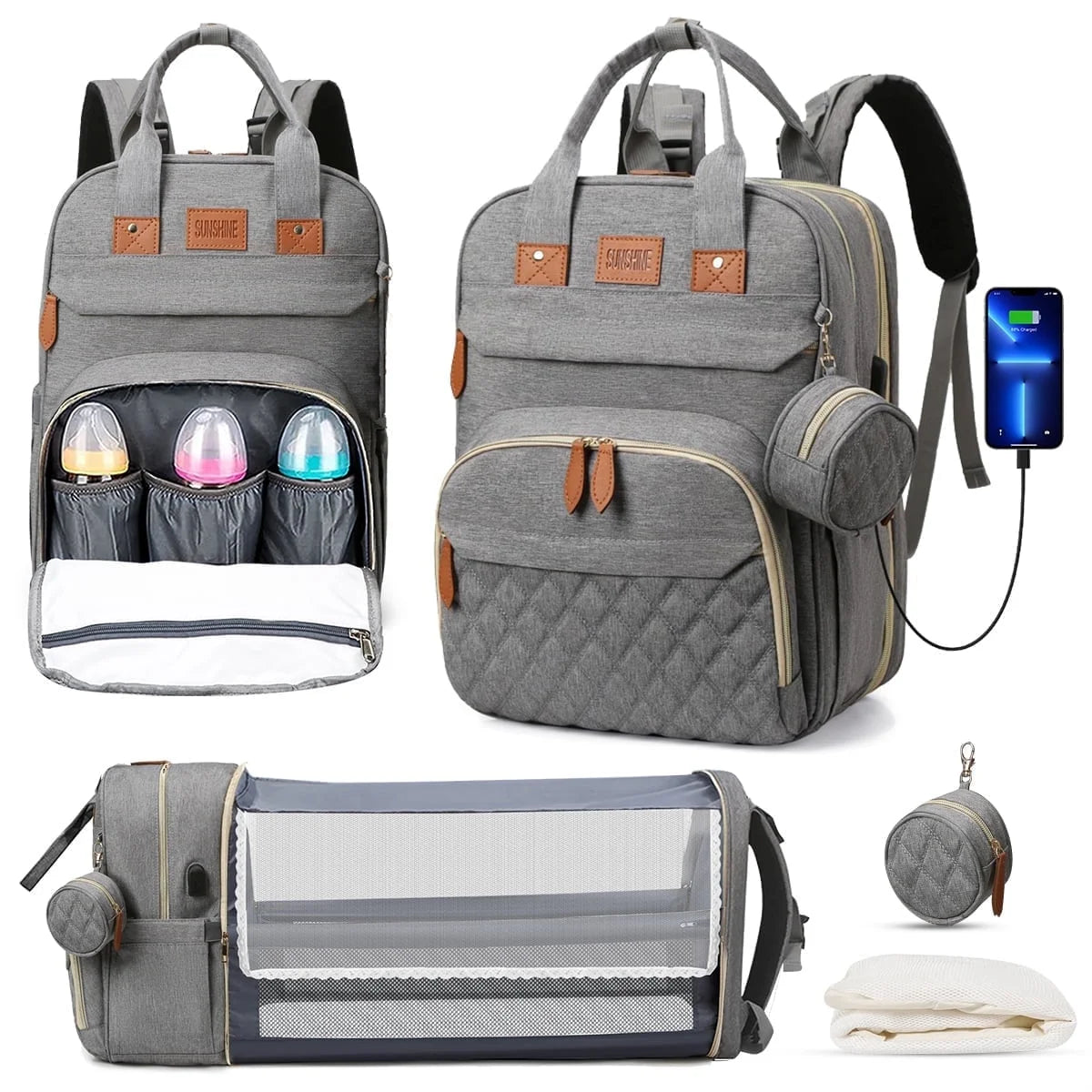 Multifunctional Diaper Bag Backpack with Changing Station, USB Charging Port, Foldable Crib, Large Capacity, Sunshade, Pacifier Case, and Stroller Straps (Grey)
