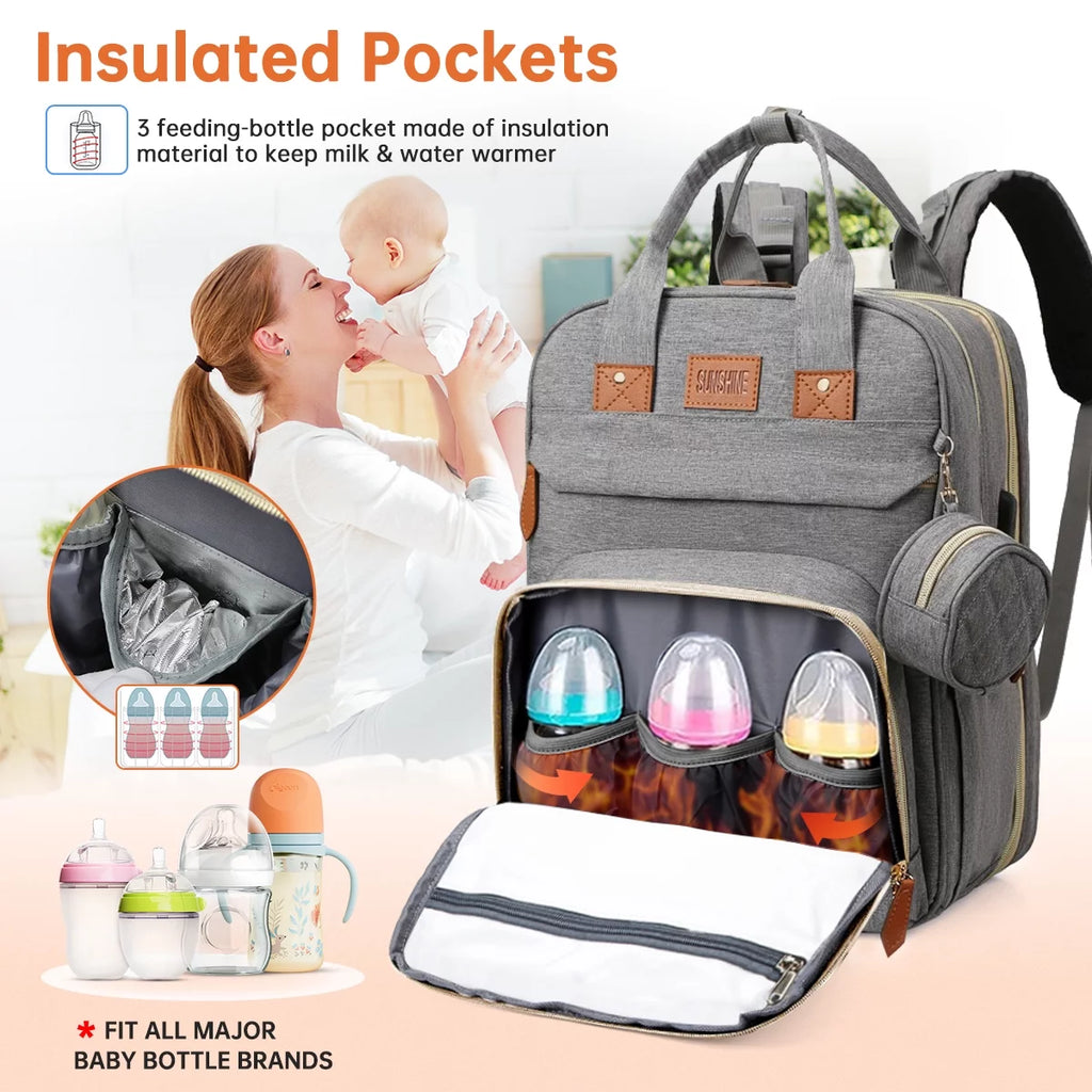 Multifunctional Diaper Bag Backpack with Changing Station, USB Charging Port, Foldable Crib, Large Capacity, Sunshade, Pacifier Case, and Stroller Straps (Grey)