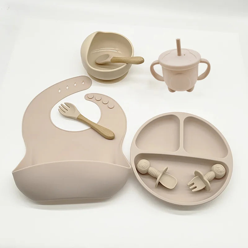 Children's Silicone Tableware Set - 6/8-Piece Baby Feeding Essentials with Suction Cups, Forks, Spoons, Bibs, Straws, and Cups