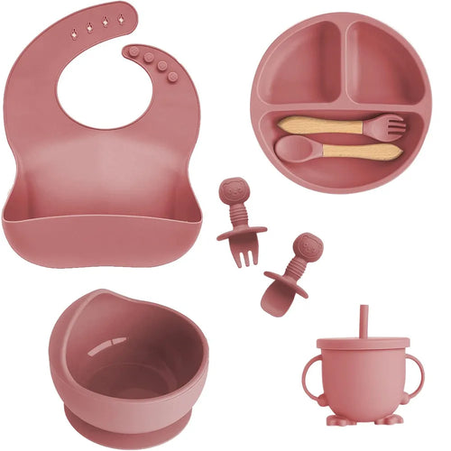 Children's Silicone Tableware Set - 6/8-Piece Baby Feeding Essentials with Suction Cups, Forks, Spoons, Bibs, Straws, and Cups