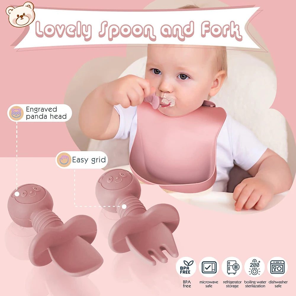 Children's Silicone Tableware Set - 6/8-Piece Baby Feeding Essentials with Suction Cups, Forks, Spoons, Bibs, Straws, and Cups
