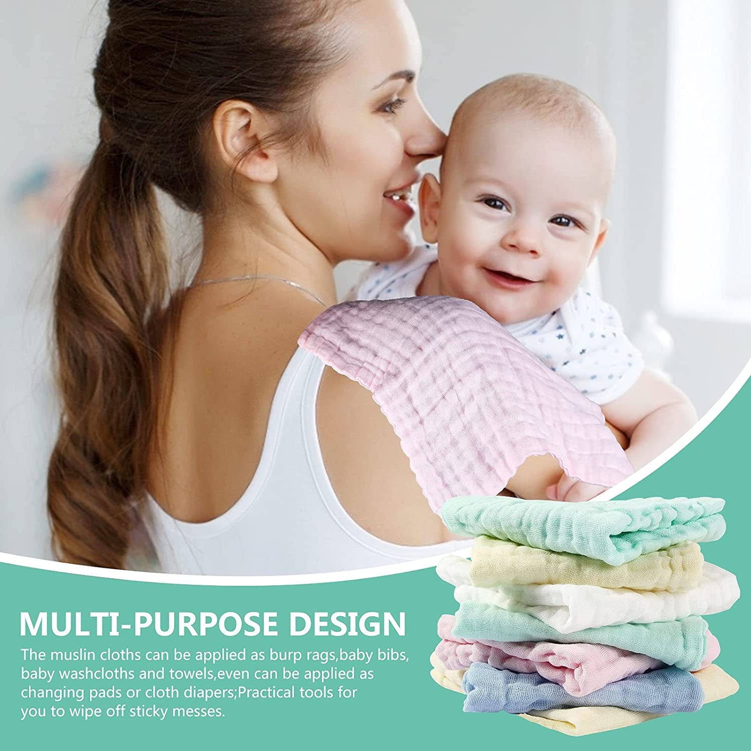 Premium Muslin Washcloths and Towels for Newborns - 10-Pack, 10x10 Inches - Ideal for Sensitive Skin and Baby Shower Gifts