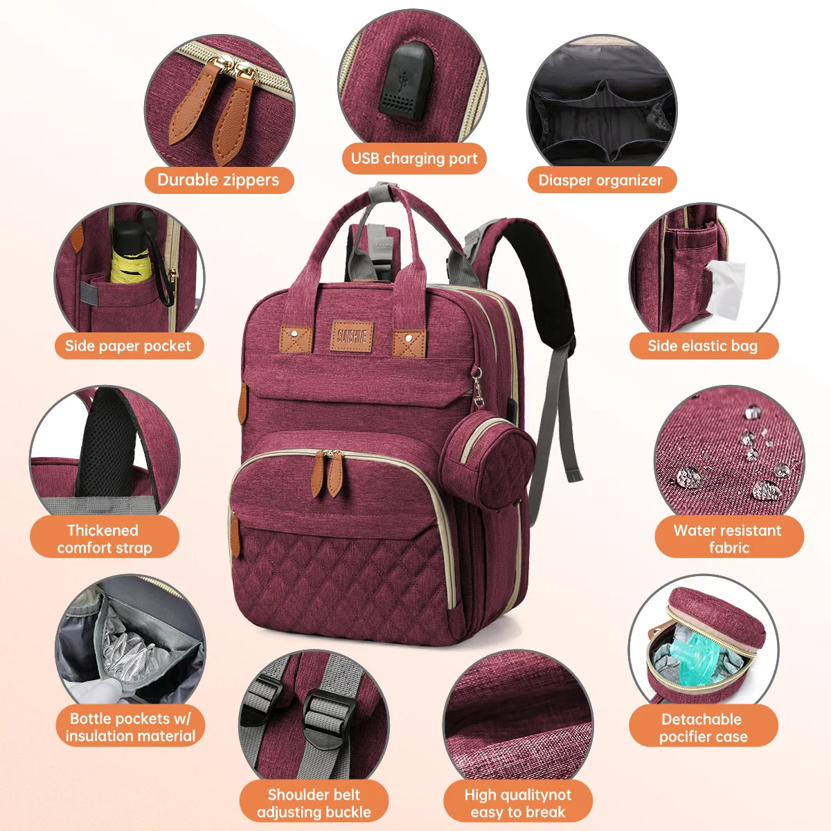 Multifunctional Diaper Bag Backpack with Changing Station, USB Charging Port, and Foldable Crib - Large Capacity Travel Backpack with Sunshade, Pacifier Case, and Stroller Straps (Red)