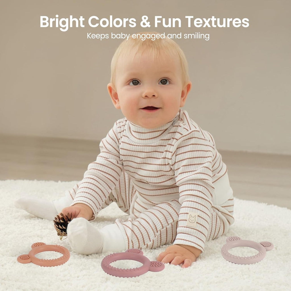 Bear Silicone Baby Teething Toys - 3 Pack, BPA Free, Suitable for Infants 3 Months and Older, Easy-Grasp Teething Rings for 3-12 Months, Effective Teething Relief