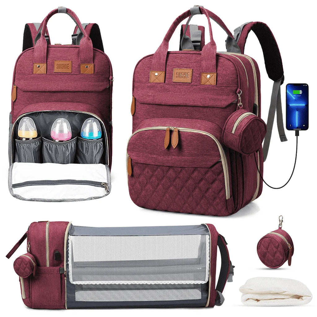 Multifunctional Diaper Bag Backpack with Changing Station, USB Charging Port, and Foldable Crib - Large Capacity Travel Backpack with Sunshade, Pacifier Case, and Stroller Straps (Red)