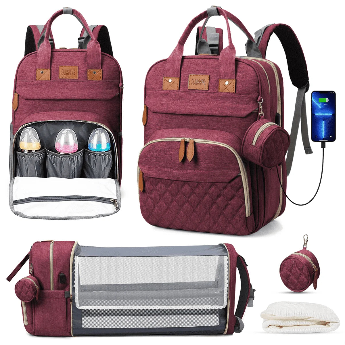 Multifunctional Diaper Bag Backpack with Changing Station, USB Charging Port, and Foldable Crib - Large Capacity Travel Backpack with Sunshade, Pacifier Case, and Stroller Straps (Red)