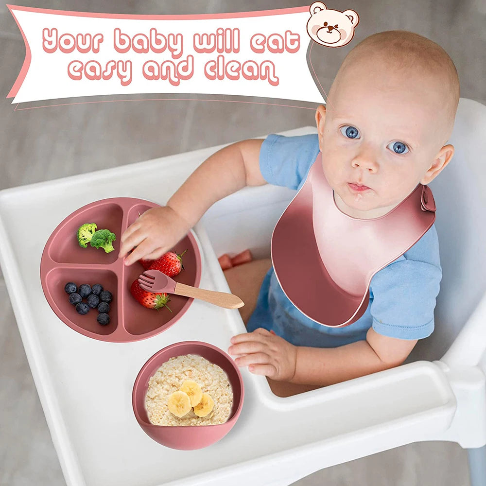 Children's Silicone Tableware Set - 6/8-Piece Baby Feeding Essentials with Suction Cups, Forks, Spoons, Bibs, Straws, and Cups