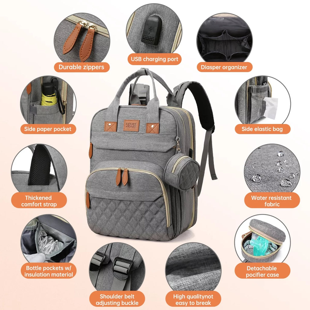 Multifunctional Diaper Bag Backpack with Changing Station, USB Charging Port, Foldable Crib, Large Capacity, Sunshade, Pacifier Case, and Stroller Straps (Grey)
