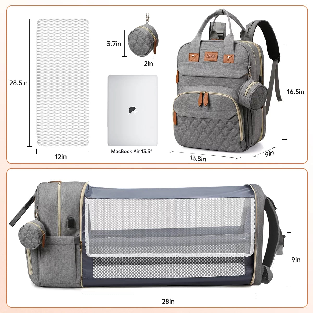 Multifunctional Diaper Bag Backpack with Changing Station, USB Charging Port, Foldable Crib, Large Capacity, Sunshade, Pacifier Case, and Stroller Straps (Grey)