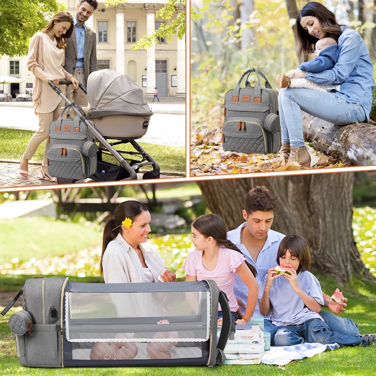 Multifunctional Diaper Bag Backpack with Changing Station, USB Charging Port, Foldable Crib, Large Capacity, Sunshade, Pacifier Case, and Stroller Straps (Grey)