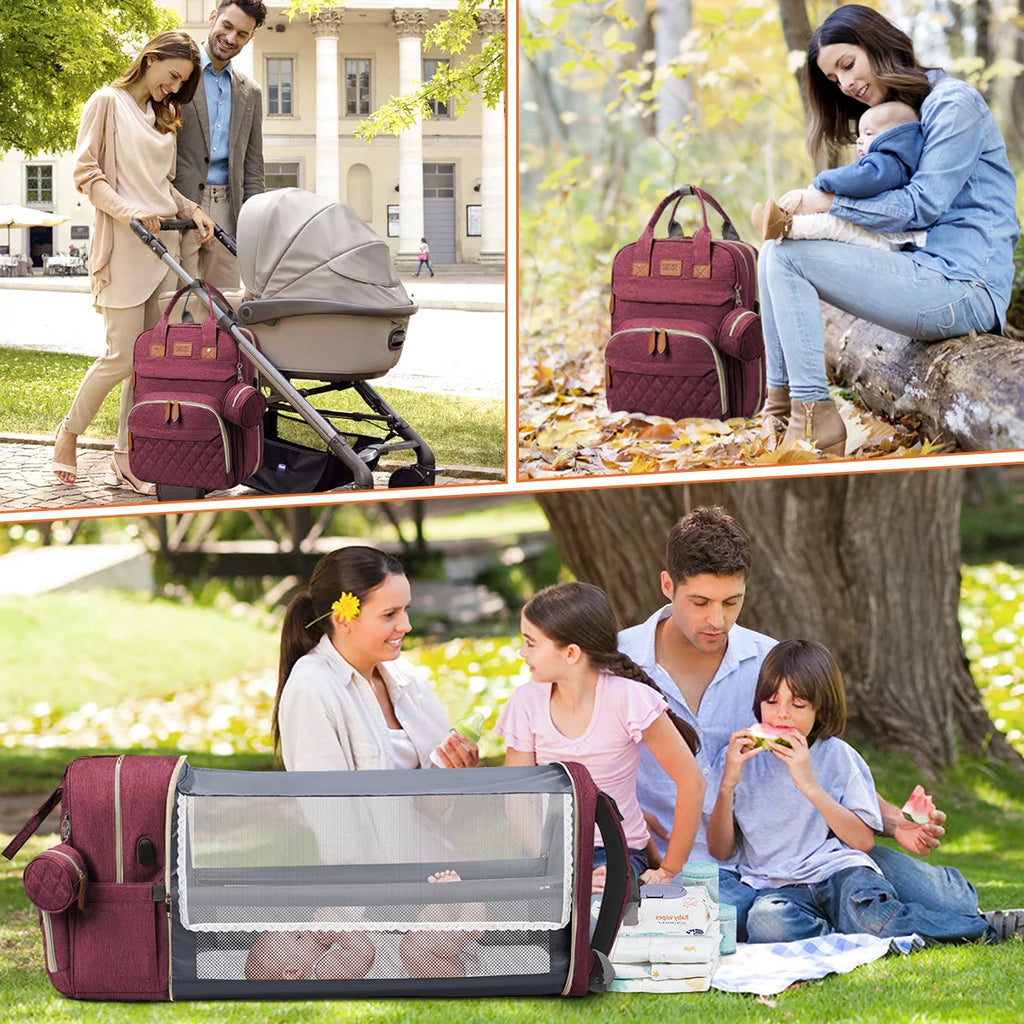 Multifunctional Diaper Bag Backpack with Changing Station, USB Charging Port, and Foldable Crib - Large Capacity Travel Backpack with Sunshade, Pacifier Case, and Stroller Straps (Red)