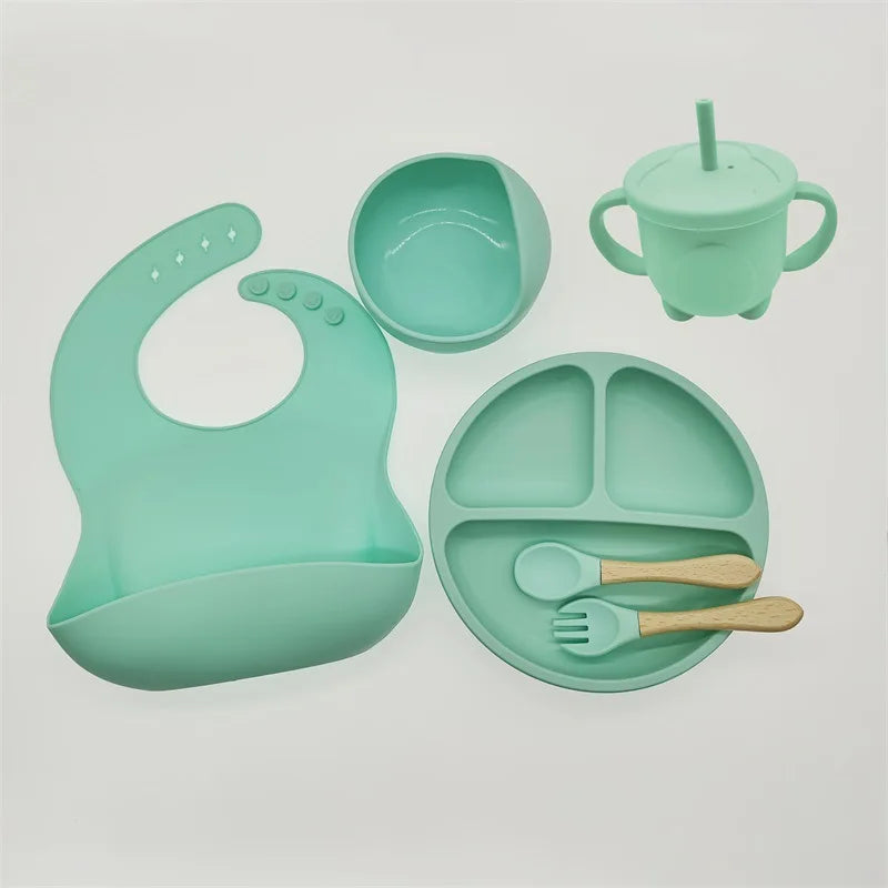 Children's Silicone Tableware Set - 6/8-Piece Baby Feeding Essentials with Suction Cups, Forks, Spoons, Bibs, Straws, and Cups