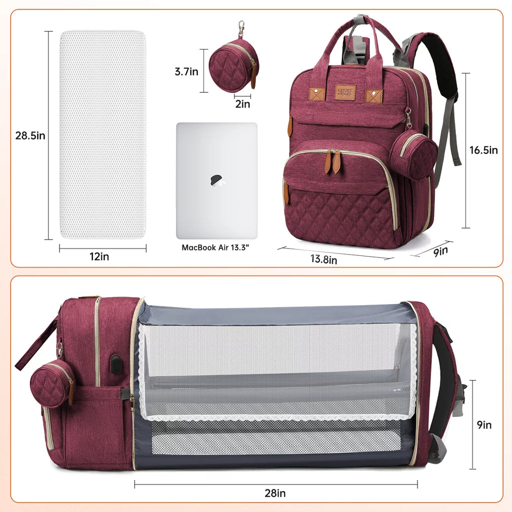 Multifunctional Diaper Bag Backpack with Changing Station, USB Charging Port, and Foldable Crib - Large Capacity Travel Backpack with Sunshade, Pacifier Case, and Stroller Straps (Red)